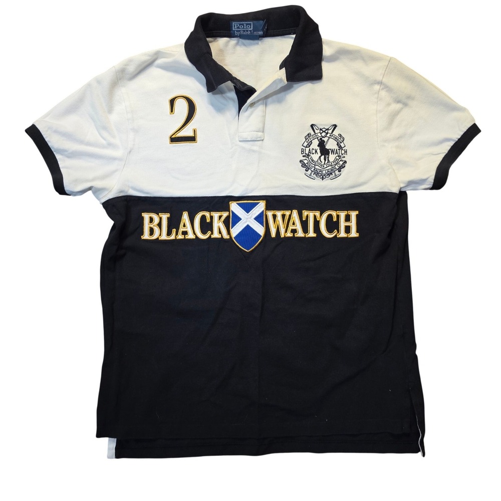 VTG Polo Ralph Lauren Blackwatch Custom Fit Polo Shirt Mens Large White Black #2